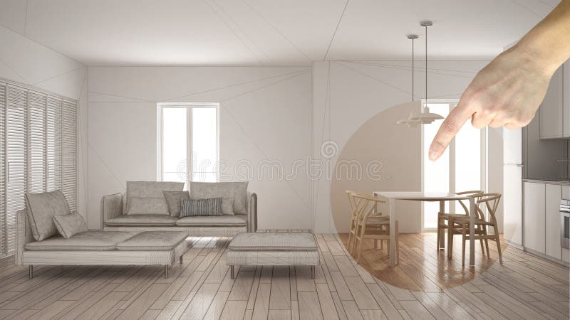 Hand pointing interior design project, home project detail, deciding on rooms furnishing or remodeling concept, modern clean livin royalty free stock photos