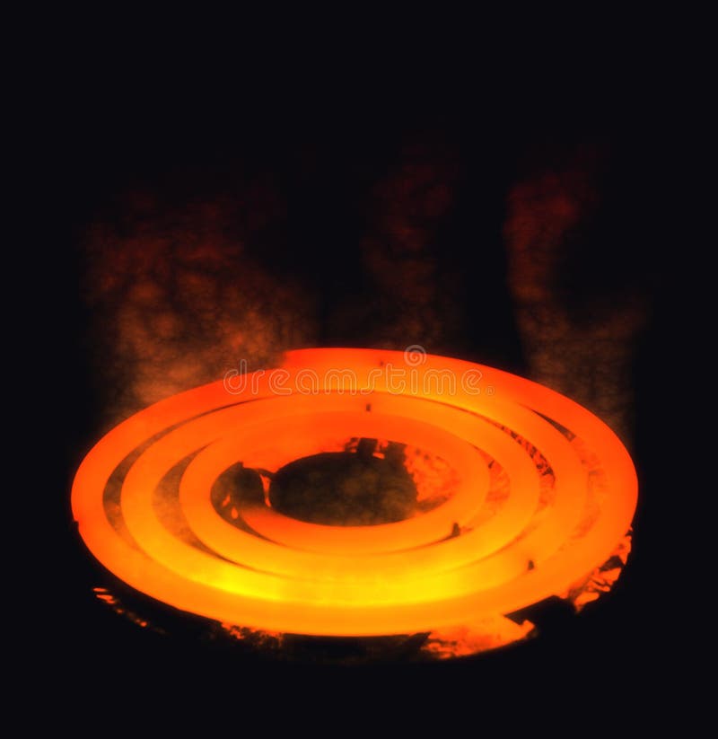 Heating Element. Spiral stovetop element glowing red hot stock photo
