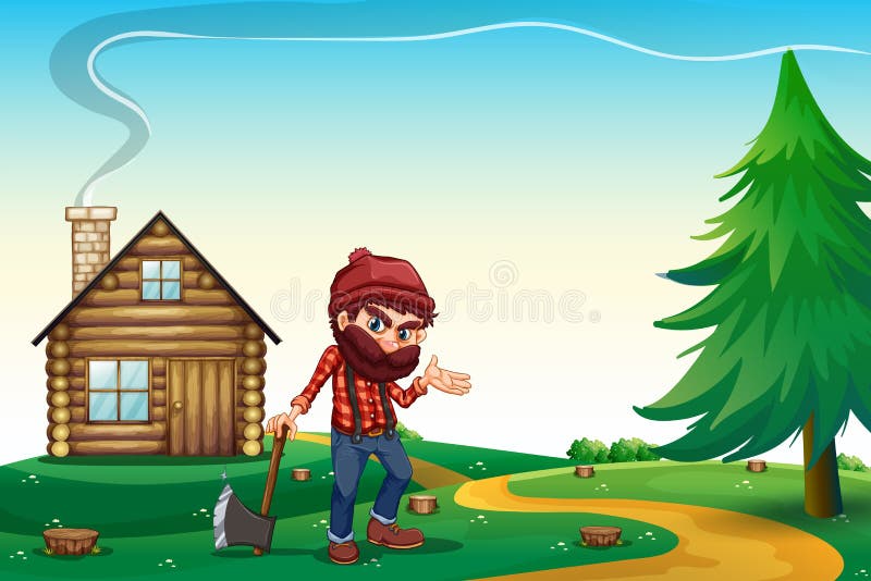 A hill with a wooden house and a lumberjack. Illustration of a hill with a wooden house and a lumberjack vector illustration