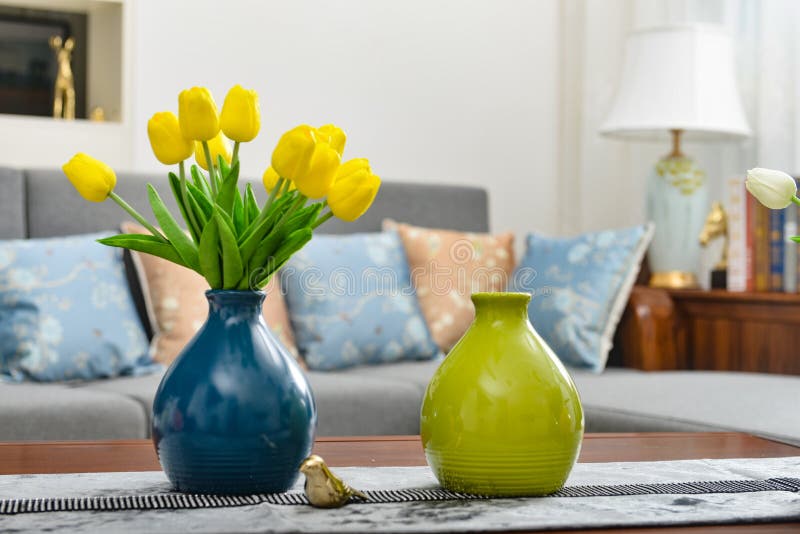 Home interior decor, tulip bouquet in vase stock image