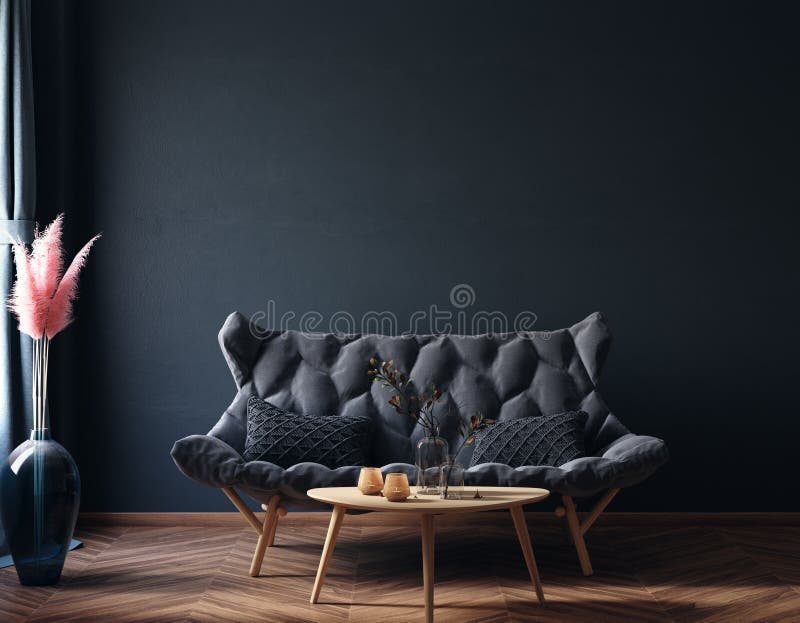 Home interior, luxury modern dark living room interior, black empty wall mock up. 3d render royalty free illustration