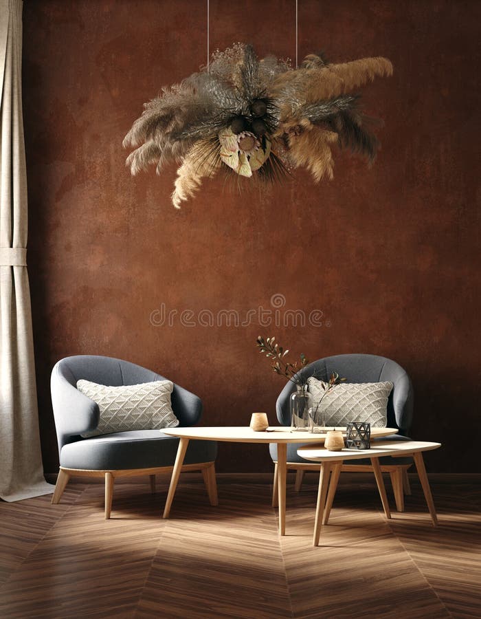 Home interior trend, dark room with chairs, coffee table and dry grass bouquet hanging above. Living room with old grunge brown wall, 3d render vector illustration