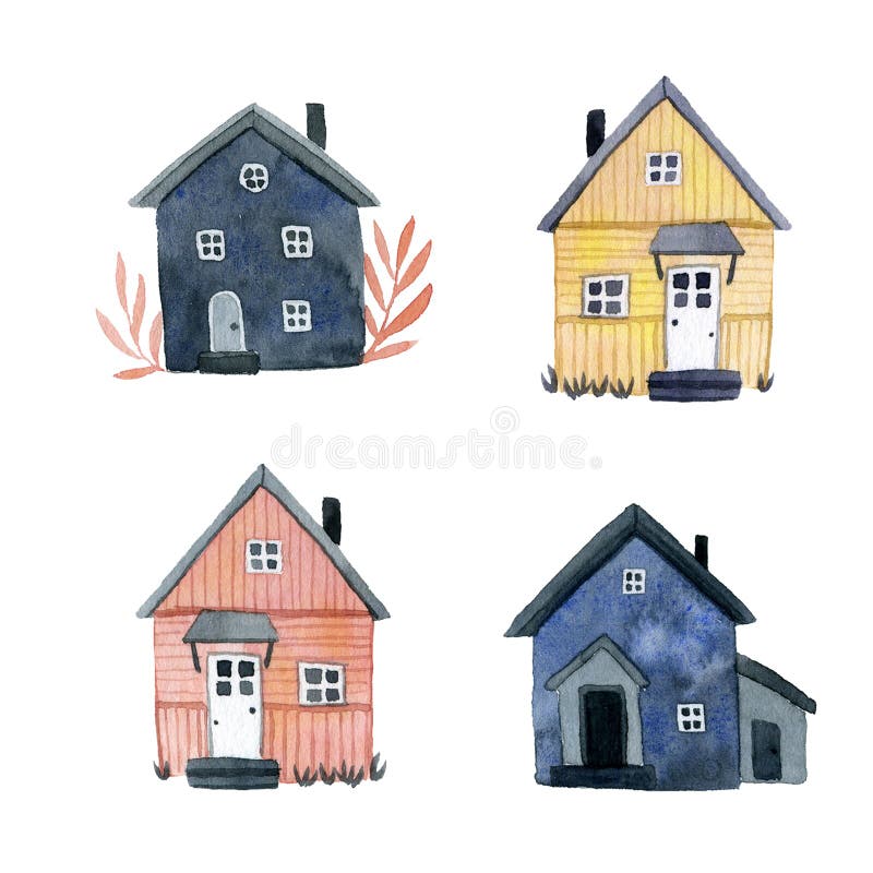 Set of multicolored cute wooden houses. Watercolor illustration stock illustration