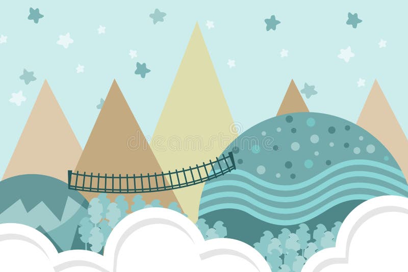 Kids room wallpaper with graphic illustration stairs in forest, hill, and air balloon. Can use for print on the wall, pillows, royalty free illustration