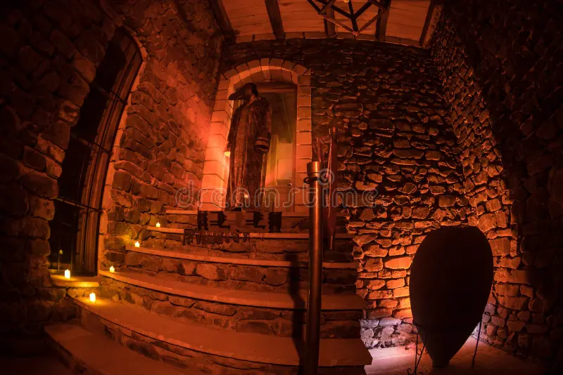 Inside of old creepy abandoned mansion. Staircase and colonnade. Silhouette of horror ghost standing on castle stairs to the basem. Inside of old creepy stock photography