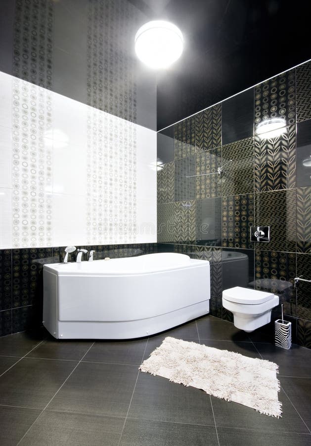 Interior of black and white bathroom stock images