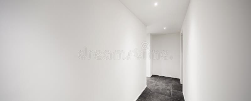 Interior, corridor with tiled floor black. Architecture, modern entryway, long corridor with tiled floor black stock images
