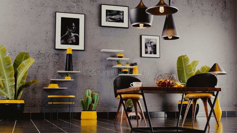 Interior design of living room decorated furniture with scenery, hanging lamps and vase on floor and grunge. Interior design of living room decorated furniture stock photos