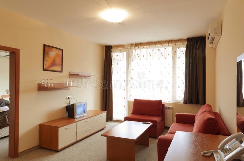 Interior Design: modern small hotel room with tv.  stock photos