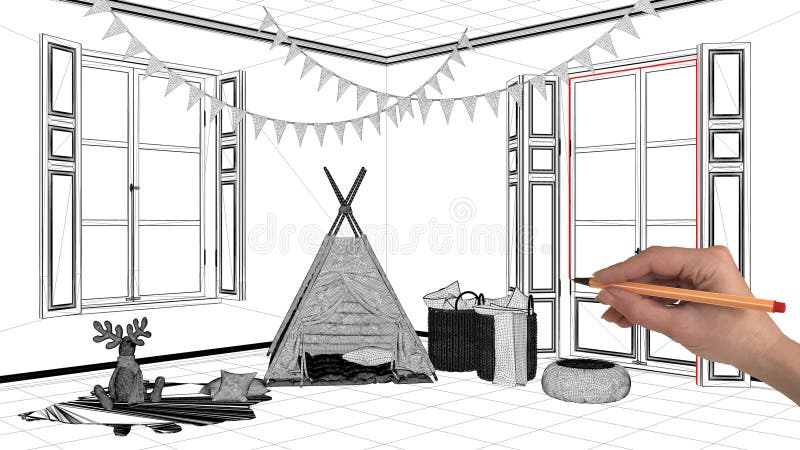 Interior design project concept, hand drawing custom architecture, black and white ink sketch, blueprint showing child room stock images