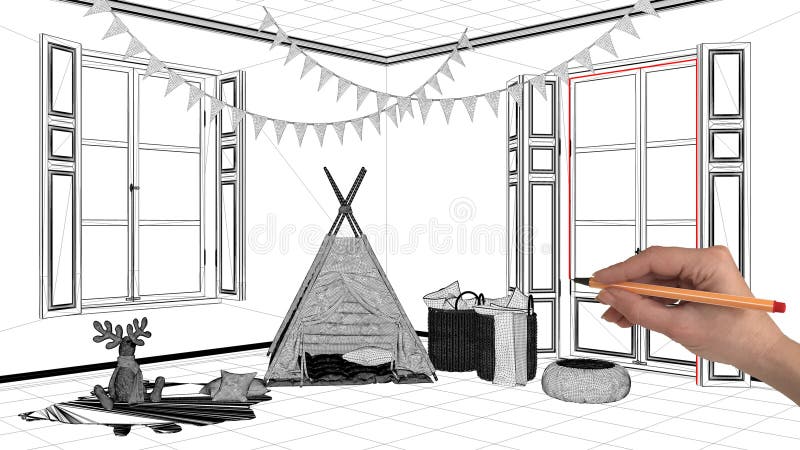 Interior design project concept, hand drawing custom architecture, black and white ink sketch, blueprint showing child room royalty free stock images