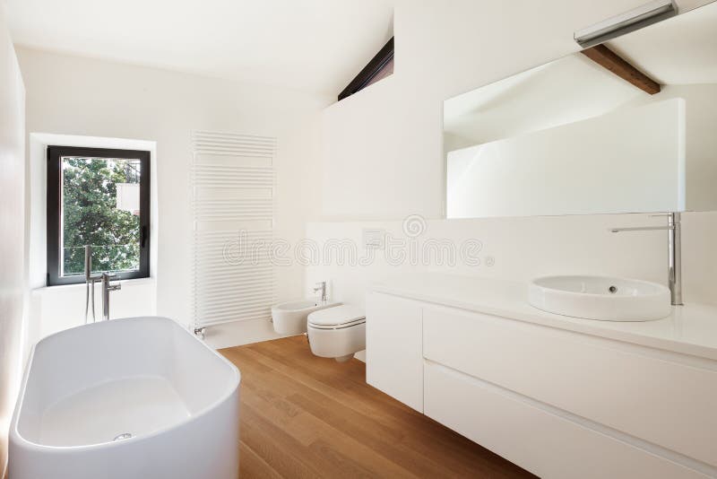 Interior house, modern bathroom. Modern loft, bathroom with bathtub royalty free stock images