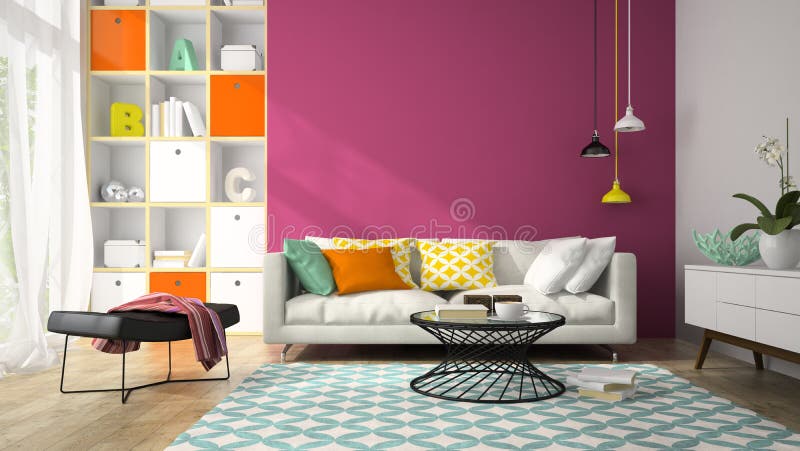 Interior of modern design room with purple wall 3D rendering 2 stock photography