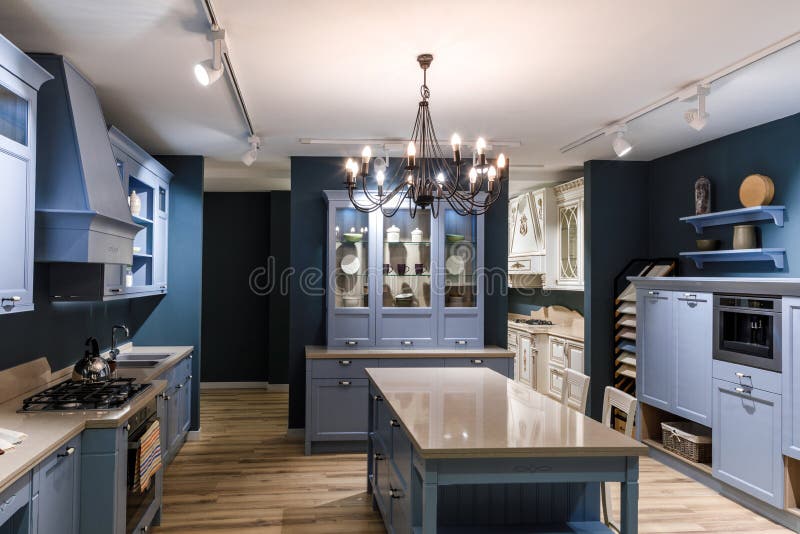 Interior of modern kitchen in blue tones royalty free stock image