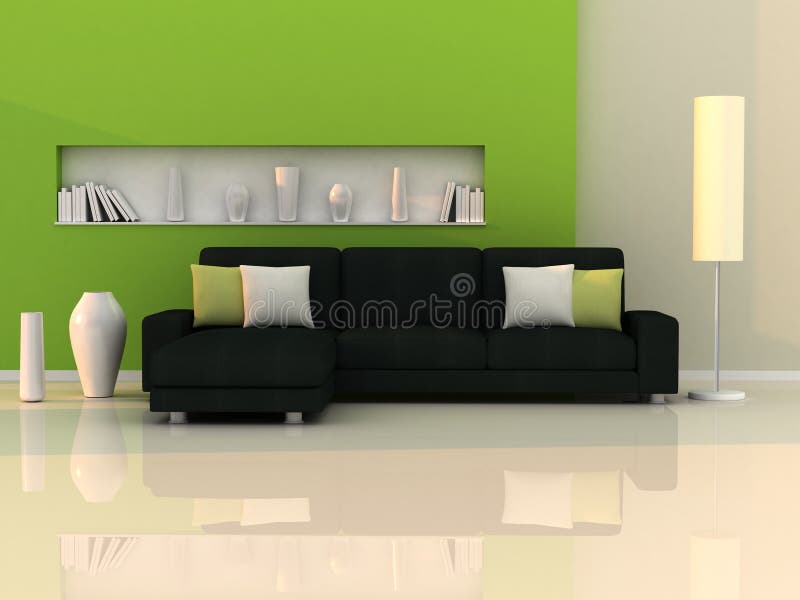 Interior of the modern room,green wall,black sofa stock illustration