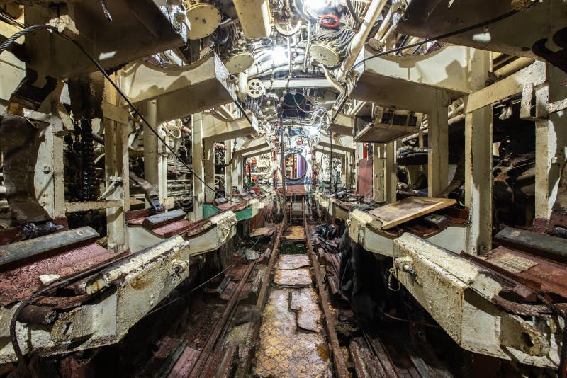Interior of old abandoned Russian Soviet submarine. Military royalty free stock photo