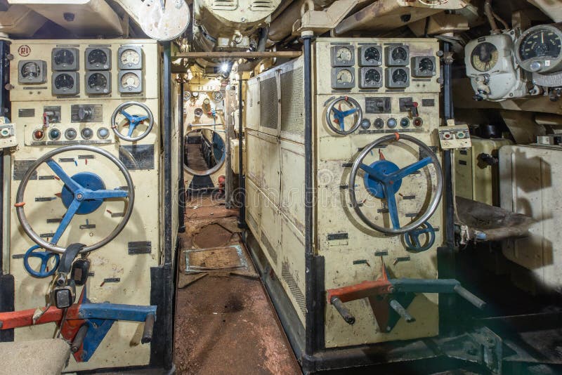 Interior of old abandoned Russian Soviet submarine. / Old technology royalty free stock image