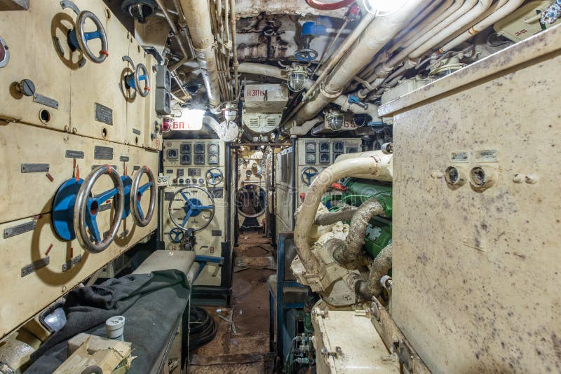 Interior of old abandoned Russian Soviet submarine. Interior of old abandoned Russian Soviet combat submarine stock photography