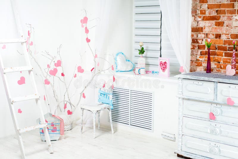 Interior with pink hearts. White romantic Valentine