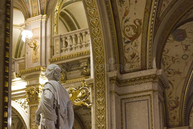 Interiors of the Vienna Opera House. VIENNA, AUSTRIA - JANUARY 2 2016: Interiors of the Vienna Opera House, with a classic sculpture in the foreground royalty free stock photos