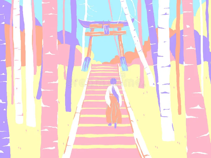 Japan countryside landscape, a shrine maiden or miko walking up the stairs to enter shrine gate in forest vector illustration