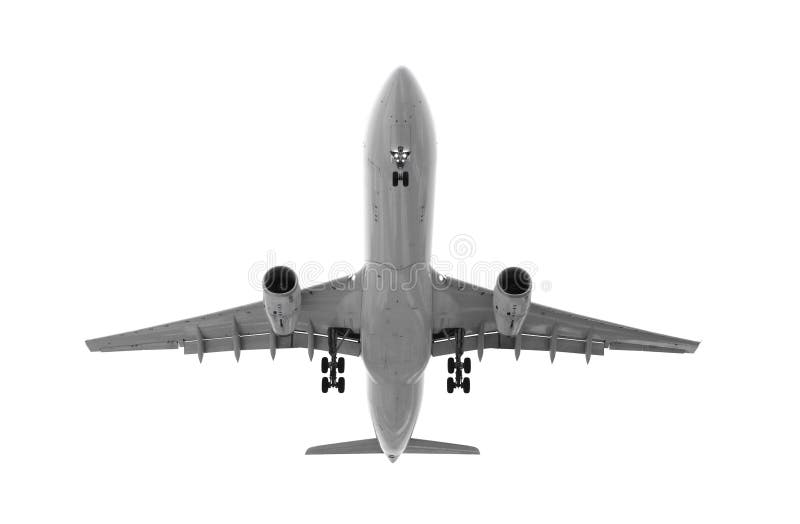 Jet airliner front bottom. Airborne jet airliner in black and white, isolated on white; front bottom view with landing gear deployed stock photography