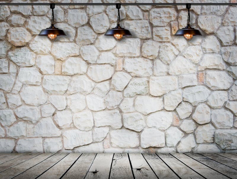 Lamp at stone wall on wood floor Room. Interior modern style royalty free stock images