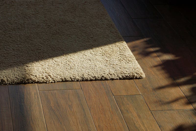 Gray wool carpet on brown wooden boards in the room royalty free stock photo