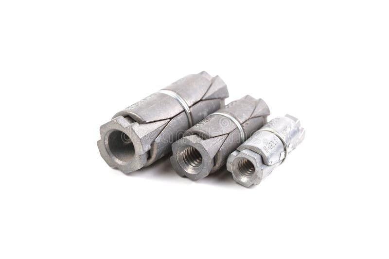 Lead Double Expansion Anchor or Expansion Bolt. Set different size of Lead Double Expansion Anchor or Expansion Bolt for anchoring into concrete brick or block royalty free stock photos