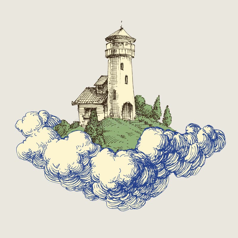 Lighthouse on a cloud in the sky. Pencil drawing royalty free illustration