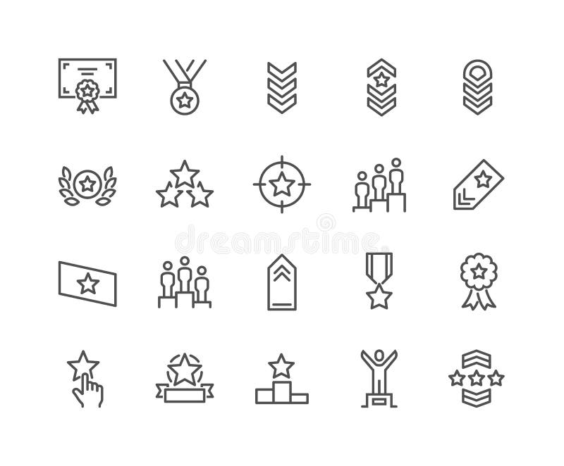 Line Ranking Icons. Simple Set of Ranking Related Vector Line Icons. Contains such Icons as Star Rating, First Place, Shoulder Strap and more. Editable Stroke stock illustration