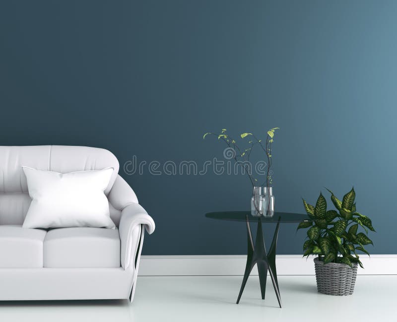 Living Room interior with gray fabric sofa and pillows on modern dark wall background,3d rendering. Mock up Living Room interior with gray fabric sofa and stock illustration