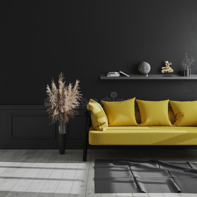 Living room modern interior with black wall, yellow sofa and pampas grass, luxury dark interior background, dark living room mock. Up,  scandinavian style, 3d vector illustration