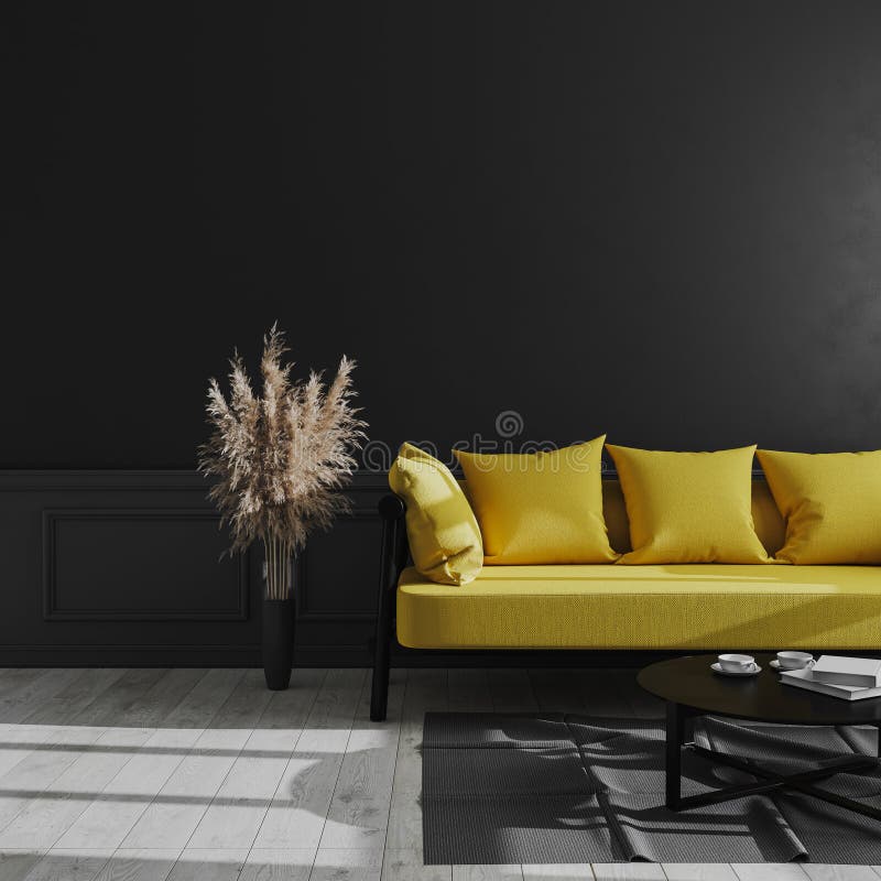 Living room modern interior with black wall, yellow sofa and pampas grass, luxury dark interior background, dark living room mock. Up,  scandinavian style, 3d stock illustration