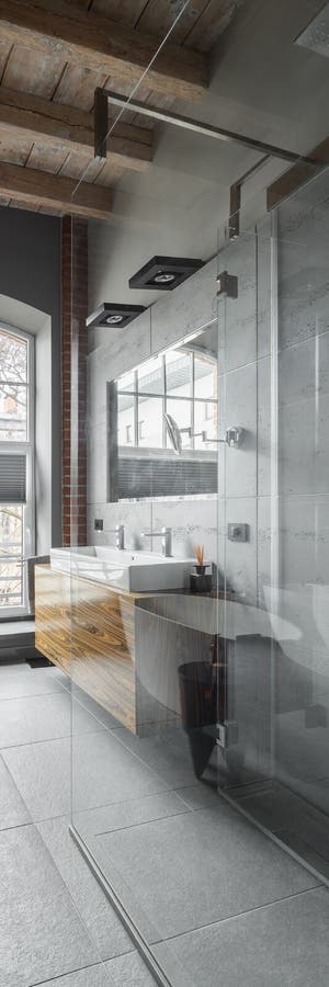 Loft bathroom with wooden ceiling. And stylish shower, vertical panorama stock photo