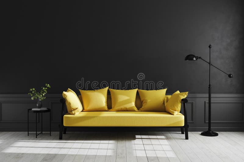 Luxury dark living room interior background, black empty wall mock up, modern living room with yellow sofa and black lamp and. Table, bright colors interior stock illustration