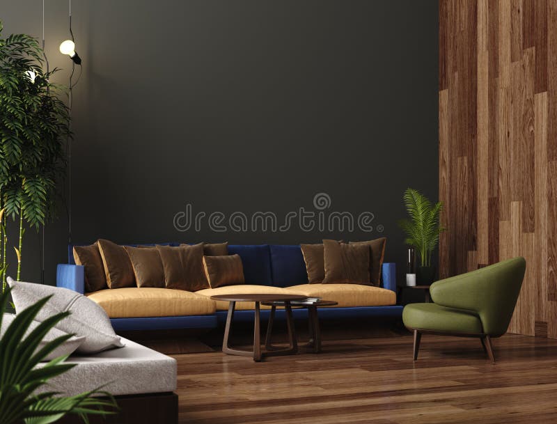 Luxury modern living room interior, dark green brown wall, modern sofa with armchair and plants. 3d render vector illustration