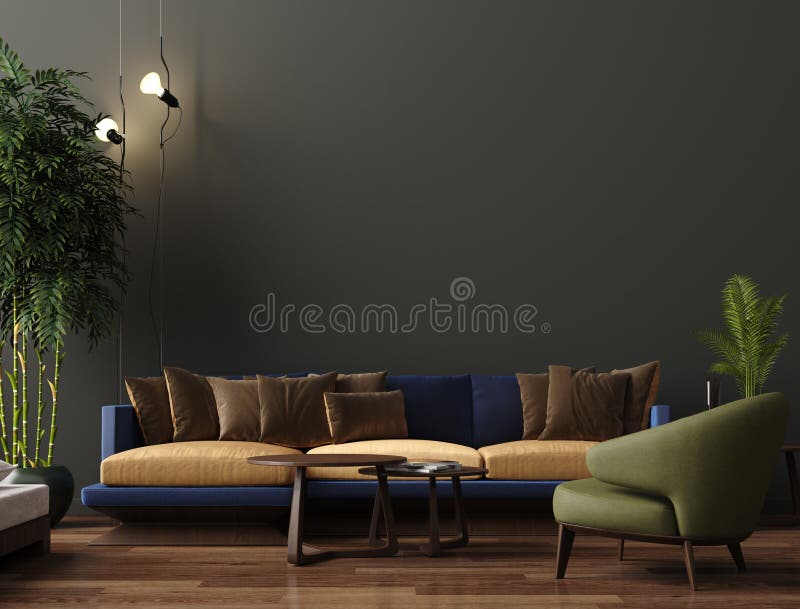 Luxury modern living room interior, dark green brown wall, modern sofa with armchair and plants. 3d render stock illustration