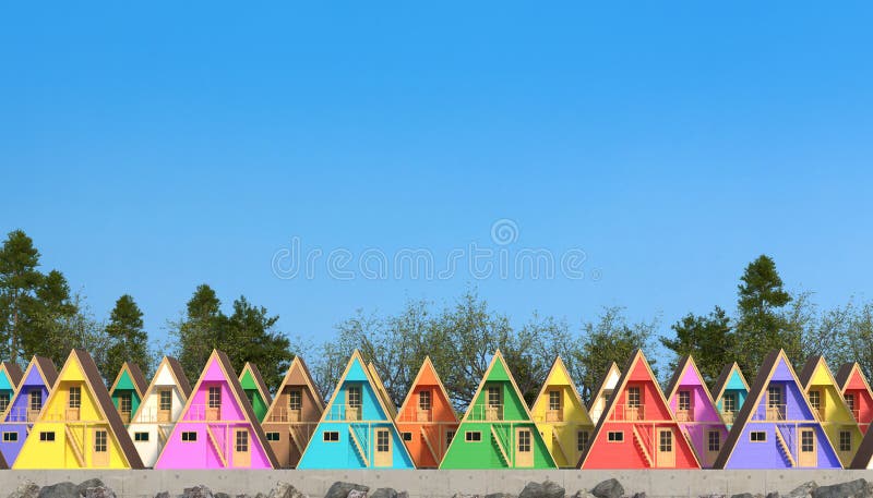 Many colorful wooden guest houses stand in a row against a forest and clear sky. A chalet or summer wellness camp with colorful. Cottages in the shape of stock illustration