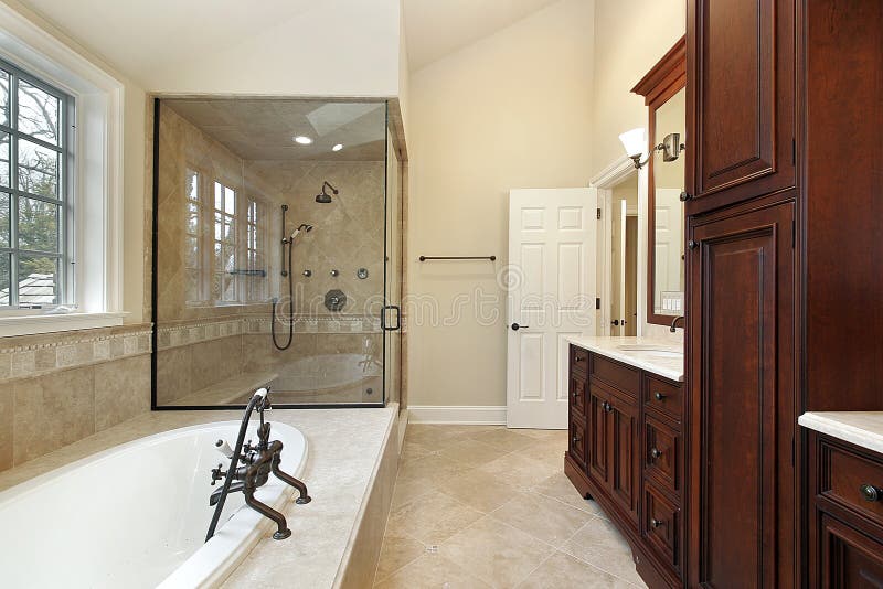 Master bath with glass shower stock image