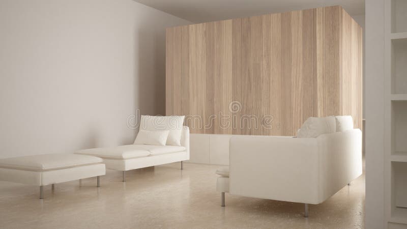 Minimalism, modern living room with wooden wall, sofa, chaise longue and pouf, travertine marble floor, white interior design. Minimalism, modern living room royalty free stock photo