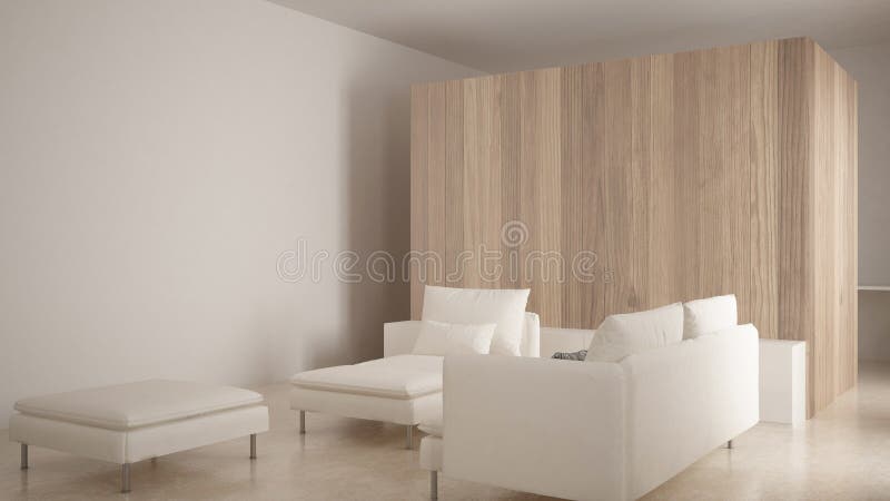 Minimalism, modern living room with wooden wall, sofa, chaise longue and pouf, travertine marble floor, white interior design. Minimalism, modern living room royalty free stock photography