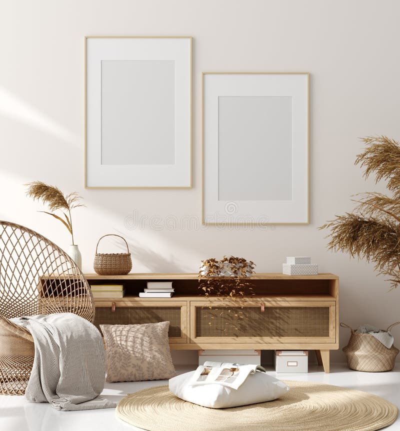 Mock up frame in home interior background, beige room with natural wooden furniture, Scandinavian style. 3d render royalty free stock images