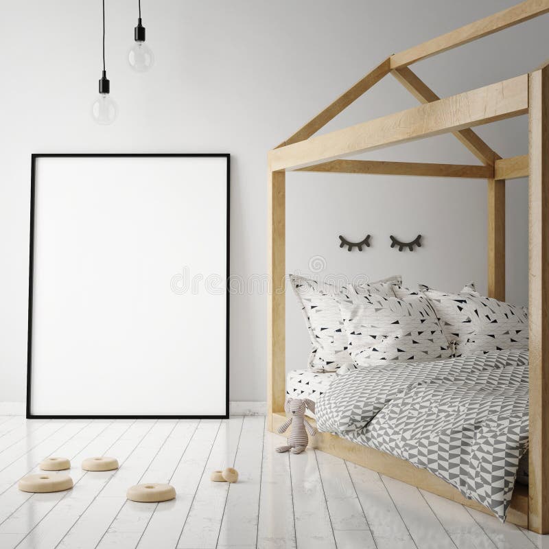 Mock up poster frame in children room, scandinavian style interior background, vector illustration