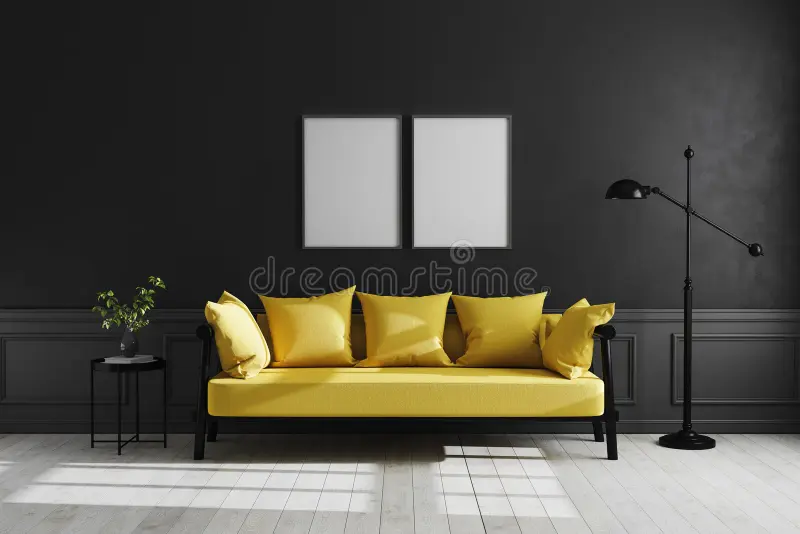 Mock up poster frame in Luxury dark living room interior background, black empty wall mock up, modern living room with yellow sofa. And black lamp and table stock illustration