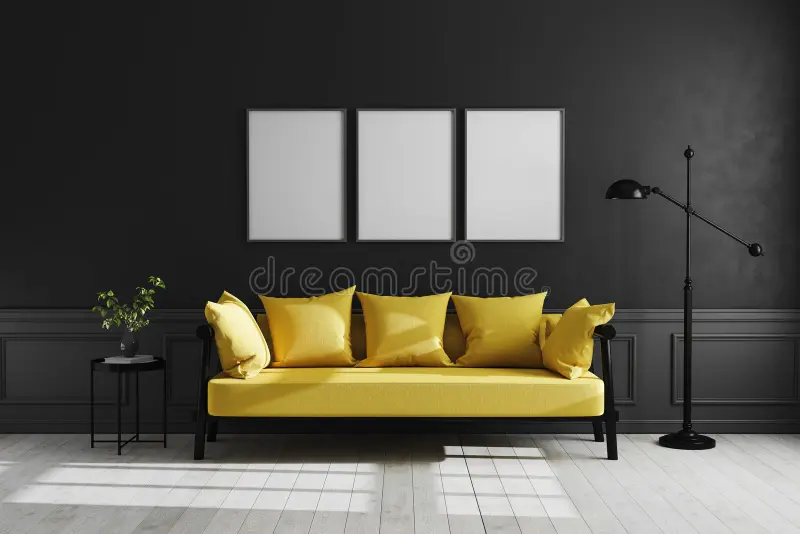 Mock up poster frame in Luxury dark living room interior background, black empty wall mock up, modern living room with yellow sofa. And black lamp and table vector illustration