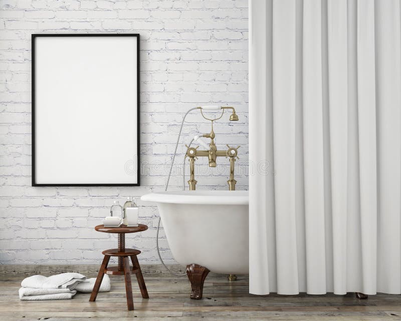 Mock up poster frame in vintage hipster bathroom, interior background, royalty free stock photography