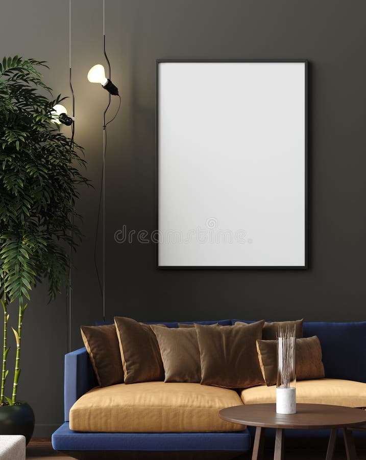 Mock up poster in luxury modern living room interior, dark green brown wall, modern sofa and plants. 3d render stock illustration