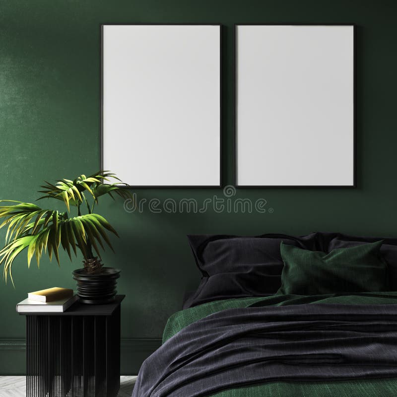 Mock-up poster in modern dark green bedroom interior with potted plant on table royalty free stock photography