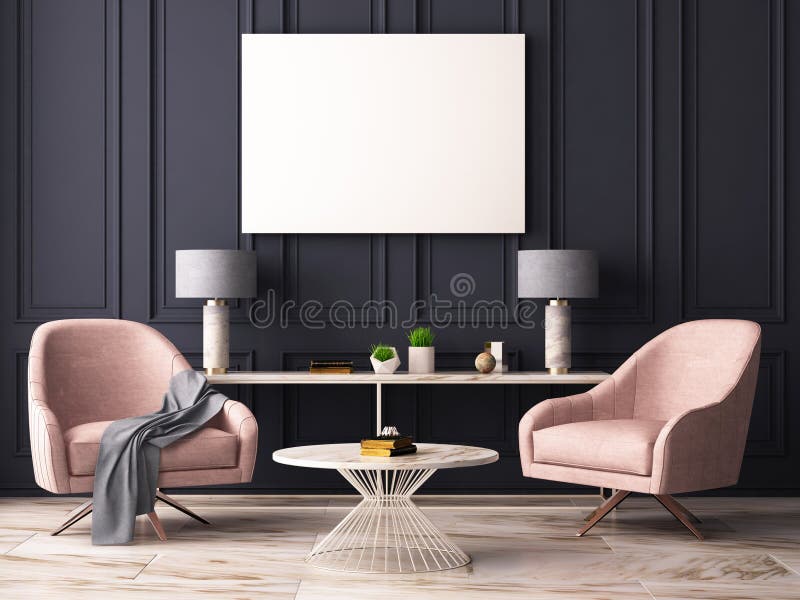 Mock up poster in a pastel interior with armchairs and a table. 3D rendering vector illustration